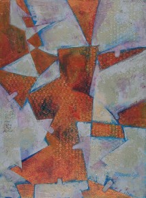 "Electric Man" is so named because the shape of the angles reminds one of a cartoon character used by an electric company some years ago. The paintingís subject is contrast. I explored contrasting angular and amorphous shapes, textured and smooth areas, metallic, opaque and transparent paint. "Electric Man" fits the dynamic mood and feel of the painting created by all that contrast.