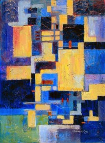 "Patch of Green" might be about simply dividing a painting into rectangular shapes of different color and texture. Or, it might be about a small, green garden surrounded by a great city at night. The painting is textured and has some metallic paint.