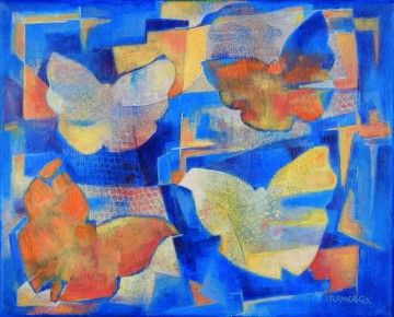 Painting "Butterfly Quartet" was a fun challenge. I used layers of paint and texture to build the paintings of the butterflies. I use the colors of the butterflies to create diagonal movement, with light butterflies on the upper left and lower right positions, and orange butterflies in the lower left and upper right positions. I used line, shape and texture to push and pull the colors forward and backward to keep the painting flat and yet energized. Most of all, I enjoyed working the paint and thinking of the grace of butterflies.