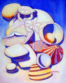 I like working with still life subjects. This painting includes some beach treasures my husband and I have collected on our trips to the beach. I purposely arranged the shells and pebbles to curve down from the crab shell on the right, around the sand dollar, and then back up again on the left. The crab shell is both delicate and humorous. The crab seems to have a scowl.