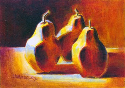 One winter afternoon the sun was shining just right for a still life. I quickly set up to draw a set of pears, one of my favorite sumptuous fruits. While drawing the fruit I was thinking about the beauty of the shapes, graceful and sensuous. The richness in color was inspired by the fruit.