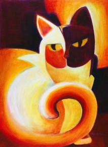 "Katzen" is one of several paintings about cats and their expressions. Sometimes outwardly reserved and stoic, the mystery lies in what is behind those eyes. This painting is also a study of alternating lights and darks.