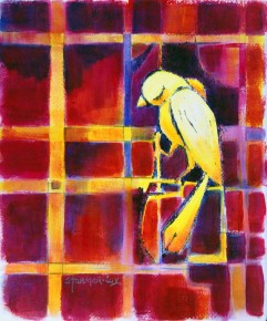 "Yellow Bird on a Fence" is inspired by birds sitting on chain linked fences. To me, taking a moment to watch birds go about their daily lives is like peaking into another world - the real world of nature that's all around us.