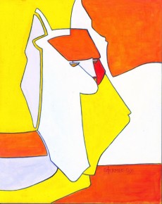 In this version of "KittyKitty", I fell in love with orange and yellow. Normally, I wouldn't work with such a limited, high key pallet. But, the power of acrylic paints allows the colors to assert themselves. Pale lavender and blue in the white shapes enables this little kitty to glow.