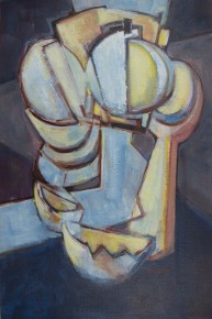 With this composition, I wanted to impose an "L" shape down the middle to divide the picture plane. That the eggs, timer and spoon link to form a circle was unintentional. Notice the much cooler temperature of this painting in contrast to the previous version. Yet, the color pairing is similar!