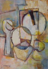 With this composition, I wanted to impose an "L" shape down the middle to divide the picture plane. That the eggs, timer and spoon link to form a circle was unintentional. Notice the much cooler temperature of this painting in contrast to the previous version. Yet, the color pairing is similar!