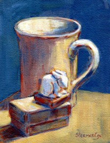 I like pairing my souvenirs and nick nacks in still life arrangements. For example, the coffee cup depicted here was a gift from one of my sisters. The rabbit Netsuke replica I collected when visiting Berlin, Germany.