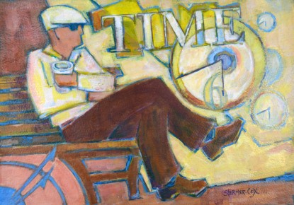 The "Man on the Bench" series was started as a demonstration exercise for the Watercolor Society of Oregon. The first drawings were after a photograph by Oregon artist Chris Stubbs. What I found particularly intriguing is the question - what is the man doing on the bench? In this case, keeping time, naturally!
