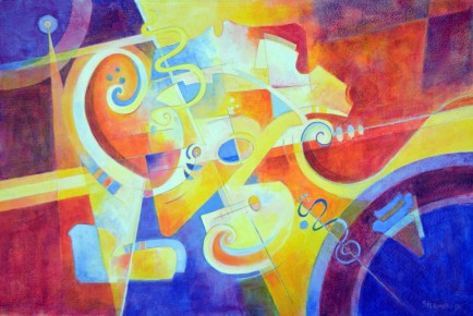 Imagine a dance between circles and spirals. The possibilities maybe endless. But, in this case, they dance in colors yellow, blue, violet and orange. The dance starts with a spiral, then another joins in and soon, the paper is filled with circles, spirals, lines and shapes. Just for the joy of the dance.