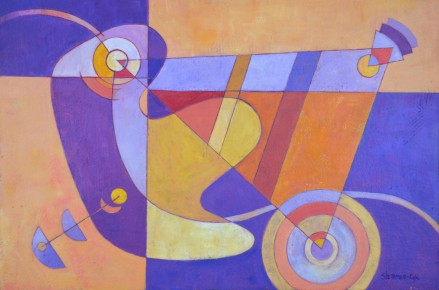 While creating this composition, I was focused on the contrast between the geometric and organic shapes. And, yet, it was the smaller shapes that reach out to the corners that attracted my attention. The colors remind me of New Mexico, one of the four corner states in the United States. It's New Mexico's blue sky and the warm tones of the earth.