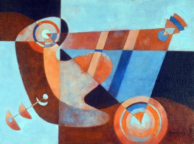 This is the second in a series of geometric paintings of similar design. And, the title refers to New Mexico, my childhood home state. The blues and oranges in this particular version remind me of the sky and landscape of the desert southwest and New Mexico in particular.