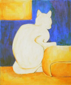 Cats are one of my favorite subjects. Having lived with cats, I appreciate their attitudes and personalities. "White Kitty" was based on a doodle of a cat that I did. It reminds me of when we would sometimes see our kitties staring at a wall or corner and wonder what was going on in the cat's head. You will notice, the shape that suggests a window is not where the cat might be looking. If it were awake, it would be staring at a wall. But, who knows, the cat might be asleep.