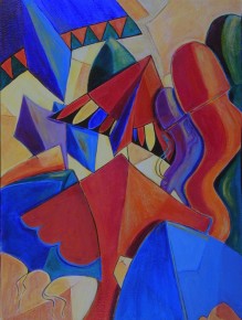 To me, the strong colors and interesting shapes of kites make a good subject. In this painting, I imagined them as if I were viewing them from above as they are flown above our beach. To me, they are as bright and cheerful as spring flowers.