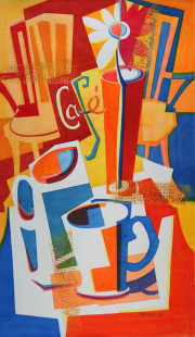 212 - Café, Espresso and Daisy, $650 (Watercolor and Acrylic, 12.5" x 22")