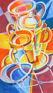 233 - Two Coffees Cream and Sugar, $650 (Watercolor and Acrylic, 12.5" x 22")