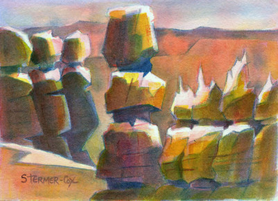 "Hoodoo Vista" is part of a series I did on the hoodoos of Bryce Canyon, Utah. In this version, the hoodoos are shown facing distant mountains. I wanted to show the vastness of the landscape at Bryce Canyon.