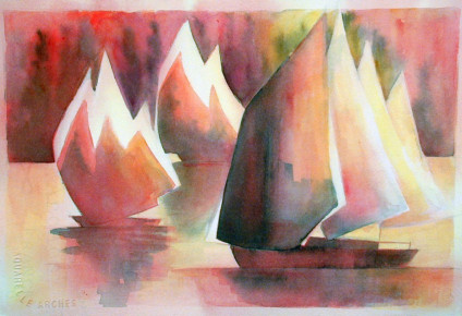 102 - Red Sails at Sunset, $180 (Watercolor, 7" x 10")