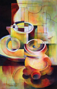 441 - Still Life with Espresso Cups & Swedish Candle Holder, $250 (Watercolor, 13" x 8.5")