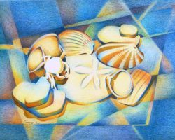 151 - Beach Shells, Pebbles and Crab in Blue, $230 (Colored Pencil, 10" x 14")