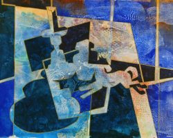 253 - Patchwork Blue Still Life with Toy Pony D10, $450 (Mixed Media, 10.5" x 14")